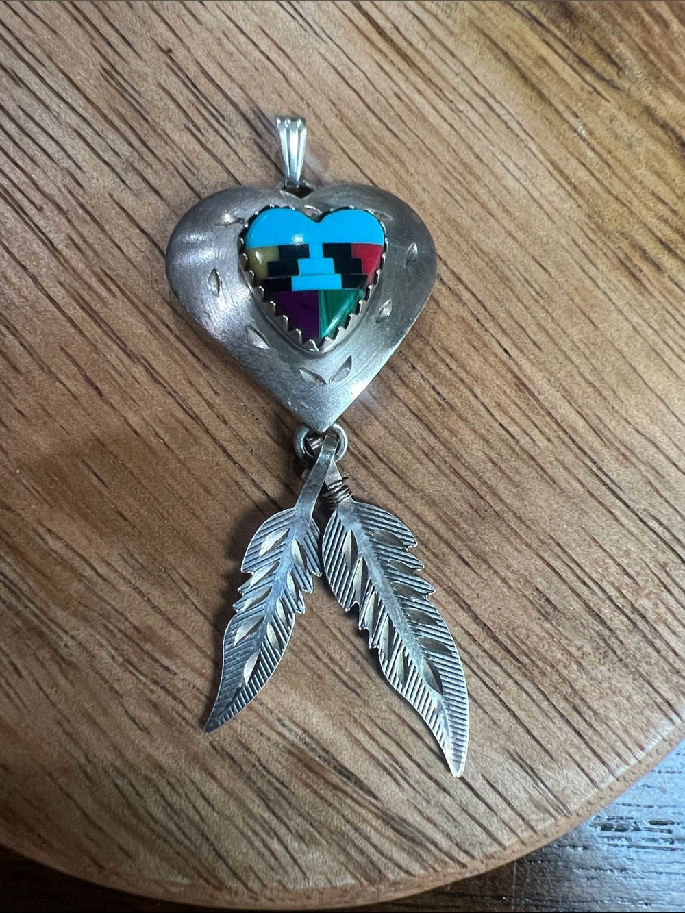 Sterling Heart Pendant with Multicolor Inlay and Feather Dangles